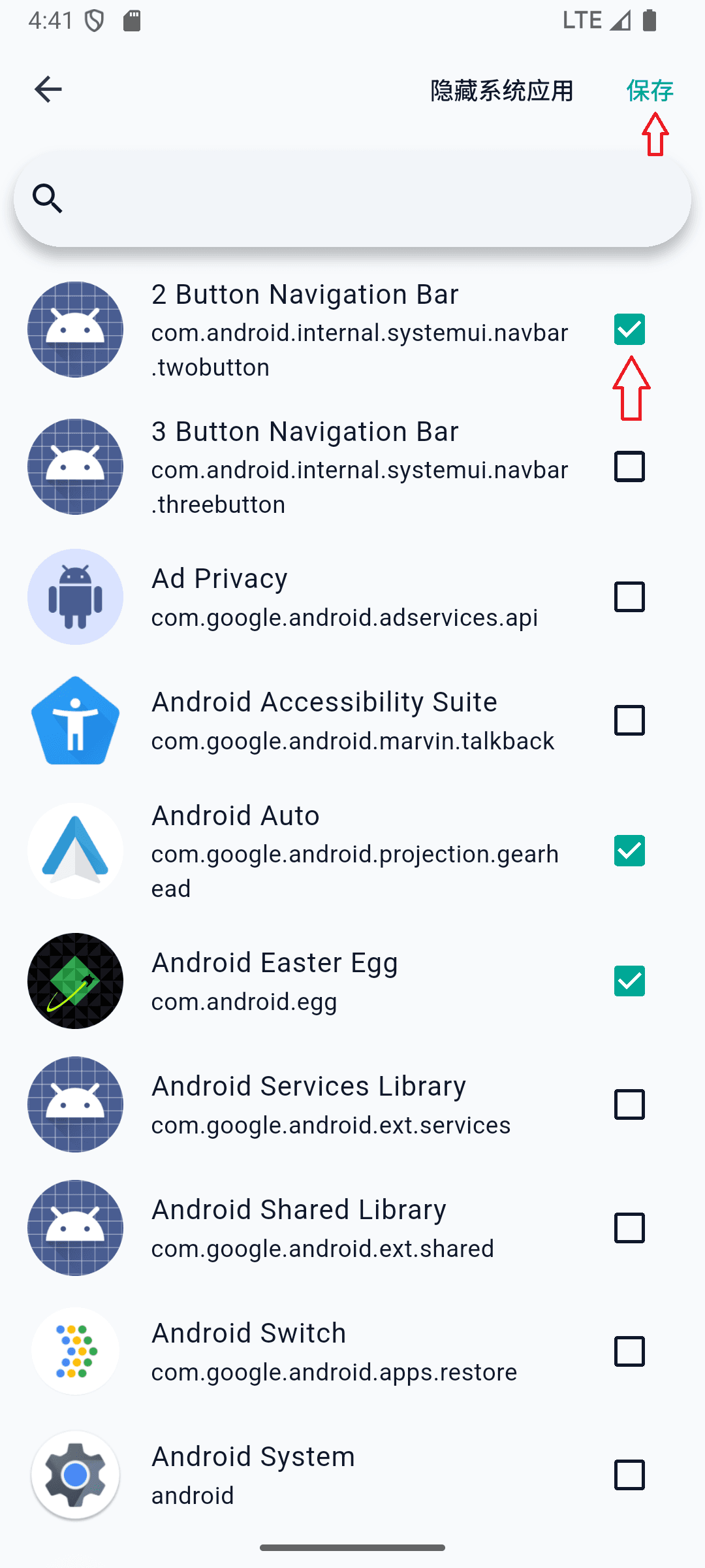 Installed apps list with checkboxes and Save button